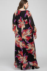 Black Feather Print Chiffon Maternity Plus Maxi Dress