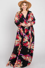 Black Feather Print Chiffon Maternity Plus Maxi Dress