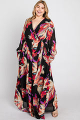 Black Feather Print Chiffon Plus Maxi Dress