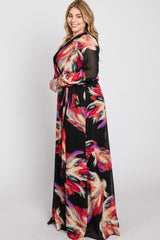 Black Feather Print Chiffon Plus Maxi Dress