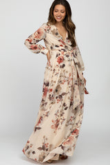 Cream Floral Chiffon Maternity Maxi Dress