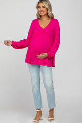 Fuchsia V-Neck Ruffle Accent Maternity Long Sleeve Top