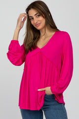 Fuchsia V-Neck Ruffle Accent Maternity Long Sleeve Top