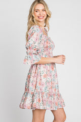 Pink Floral Smocked 3/4 Sleeve Dress