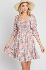 Pink Floral Smocked 3/4 Sleeve Dress