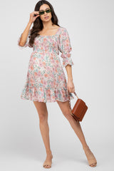 Pink Floral Smocked 3/4 Sleeve Maternity Dress