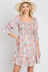 Pink Floral Smocked 3/4 Sleeve Maternity Dress