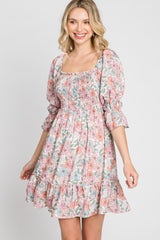 Pink Floral Smocked 3/4 Sleeve Dress