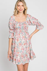 Pink Floral Smocked 3/4 Sleeve Dress