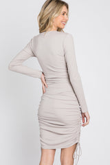 Taupe Ribbed Ruched Side Tie Fitted Dress