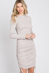 Taupe Ribbed Ruched Side Tie Fitted Dress