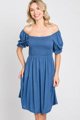 Blue Smocked Puff Sleeve Dress