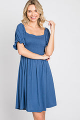 Blue Smocked Puff Sleeve Dress