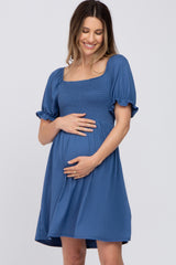 Blue Smocked Puff Sleeve Maternity Dress