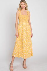 Yellow Floral Smocked Midi Dress