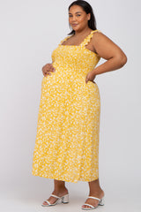 Yellow Floral Smocked Maternity Plus Midi Dress