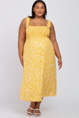 Yellow Floral Smocked Maternity Plus Midi Dress