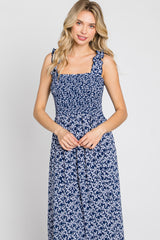 Navy Floral Sleeveless Smocked Maxi Dress