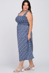 Navy Floral Sleeveless Smocked Plus Maxi Dress