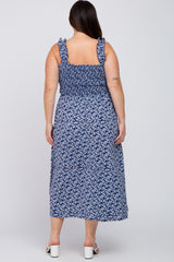 Navy Floral Sleeveless Smocked Plus Maxi Dress