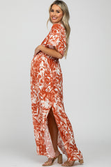 Coral Leaf Print V-Neck Maternity Maxi Dress