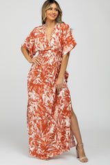 Coral Leaf Print V-Neck Maxi Dress