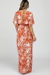 Coral Leaf Print V-Neck Maxi Dress