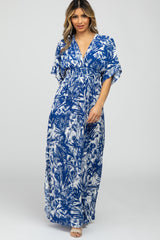 Navy Blue Leaf Print V-Neck Maxi Dress