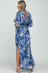 Navy Blue Leaf Print V-Neck Maternity Maxi Dress