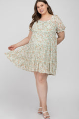 Mint Floral Pleated Square Neck Maternity Plus Dress