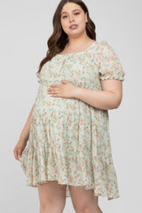 Mint Floral Pleated Square Neck Maternity Plus Dress