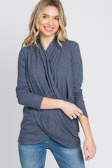 Navy Soft Ribbed Knit Wrap Top