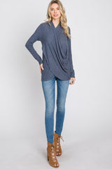 Navy Soft Ribbed Knit Wrap Top