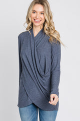 Navy Soft Ribbed Knit Wrap Top