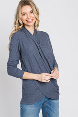 Navy Soft Ribbed Knit Wrap Top