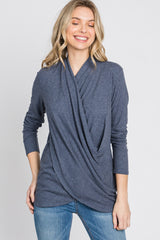 Navy Soft Ribbed Knit Wrap Top