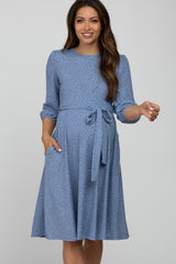 Blue Ribbed Polka Dot Waist Tie Maternity Midi Dress