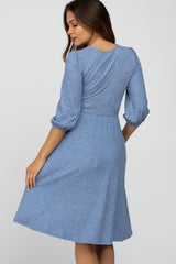 Blue Ribbed Polka Dot Waist Tie Maternity Midi Dress