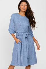 Blue Ribbed Polka Dot Waist Tie Midi Dress