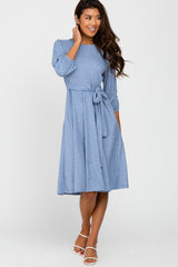 Blue Ribbed Polka Dot Waist Tie Midi Dress