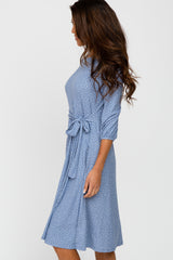 Blue Ribbed Polka Dot Waist Tie Midi Dress