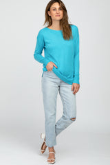 Aqua Ribbed Trim Side Slit Top