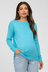 Aqua Ribbed Trim Side Slit Maternity Top