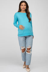 Aqua Ribbed Trim Side Slit Maternity Top