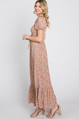 Lavender Floral Sweetheart Neck Off Shoulder Maxi Dress