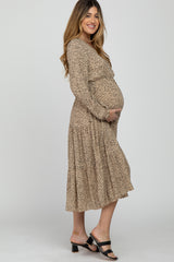 Taupe Dot Print Tiered Maternity Midi Dress