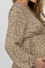 Taupe Dot Print Tiered Maternity Midi Dress