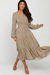 Taupe Dot Print Tiered Maternity Midi Dress