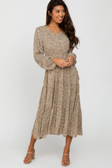 Taupe Dot Print Tiered Midi Dress