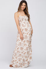 Beige Floral Smocked Halter Back Cutout Maternity Maxi Dress